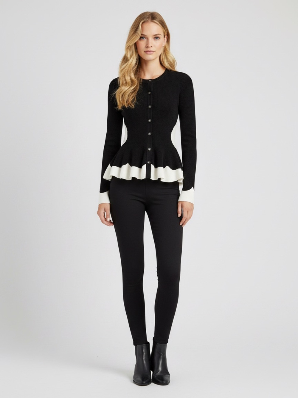 Commense Contrast Ruffle Hem Button Cardigan - Picture 3 of 16